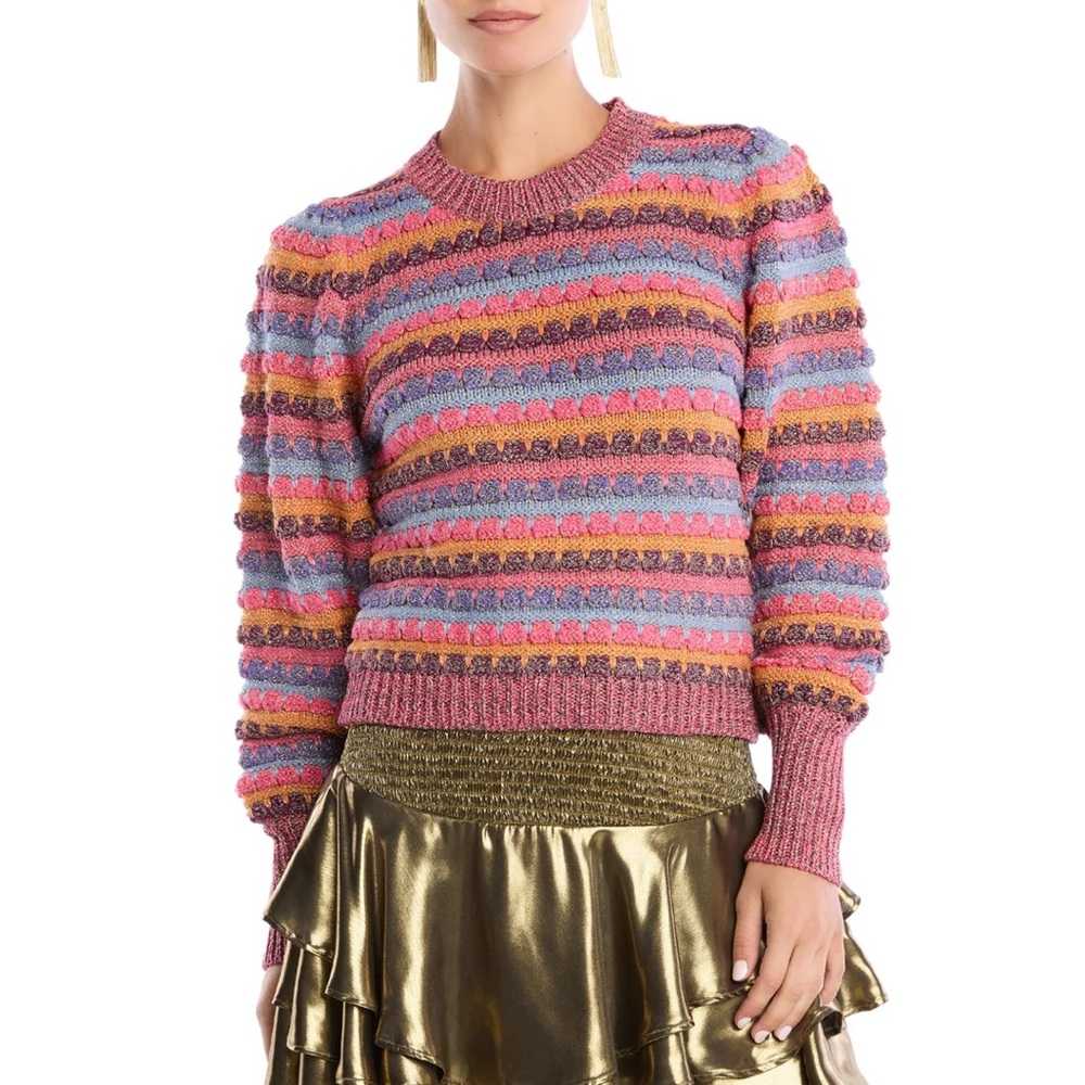Striped Puff-Sleeve Crewneck Sweater in Pink Multicolor